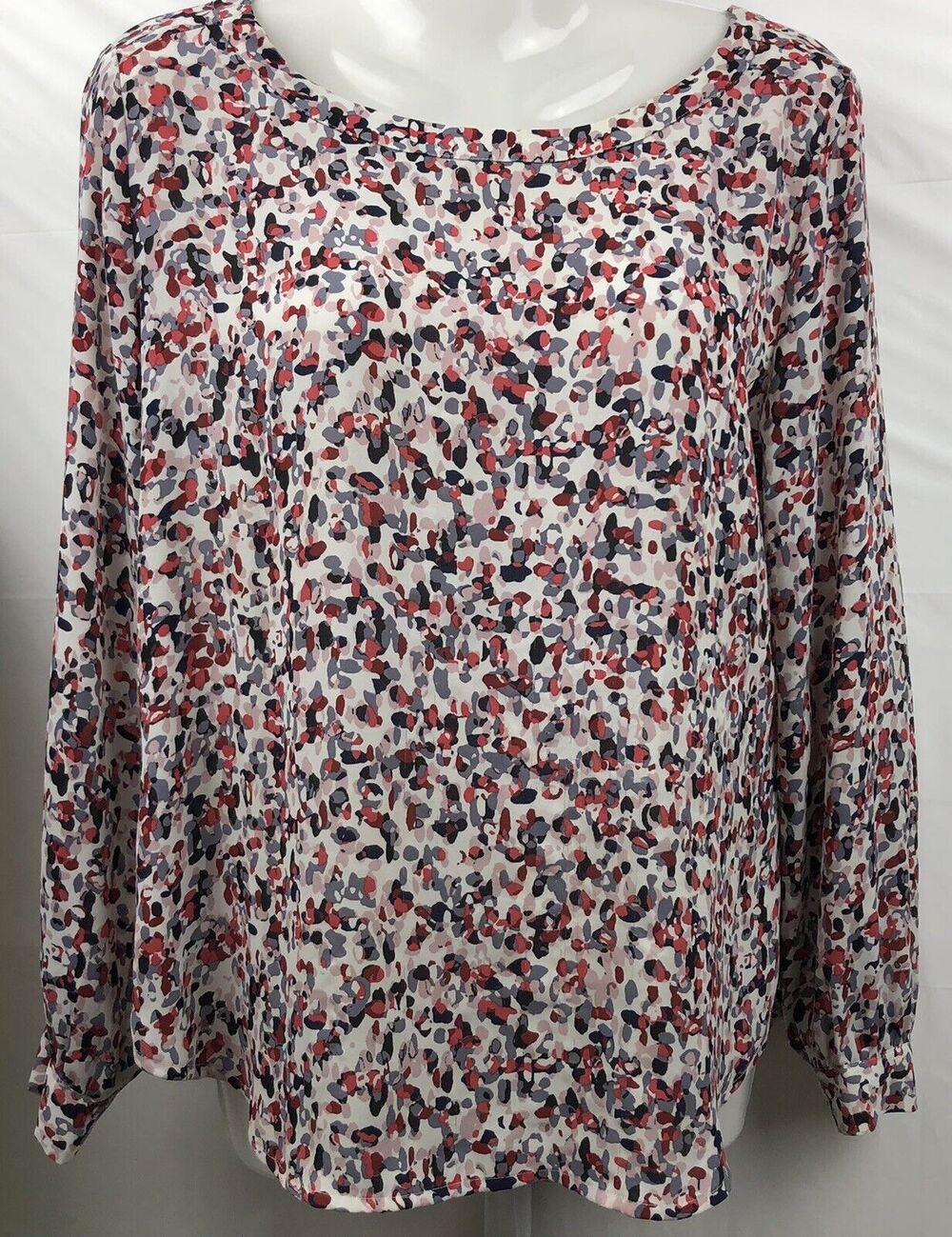 Ann Taylor Loft Top Women Petite SP White Geo Boat Neck Tie Back Long Slv Blouse